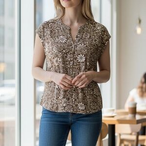 #3026 NWT JONES NY Brown Floral Cap-Sleeve Women's Top